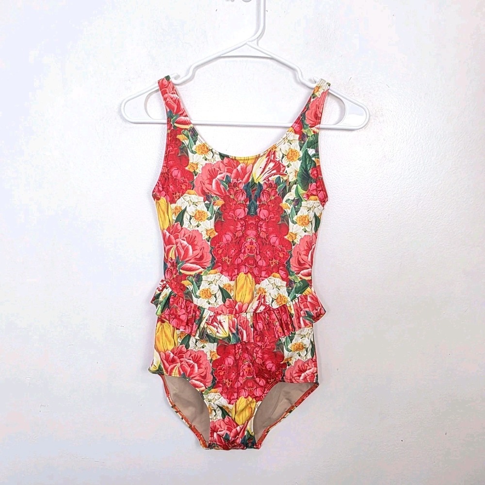 Kortni Jeane Pink Colorful Floral Ruffle Padded One Piece Bathing Swimsuit Sz XS